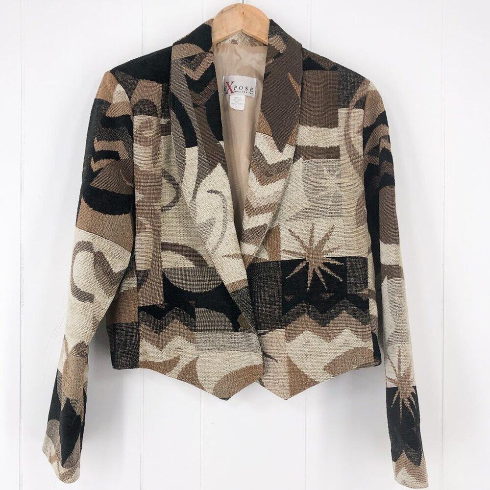 VTG Expose Chenille Tapestry Jacket Southwestern Boho USA Size Large Brown Cream